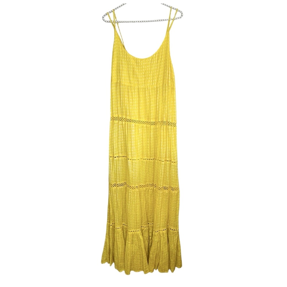 Free People Midnight Dance Maxi Slip Dress Sm Cottage Boho Sheer Butter Yellow